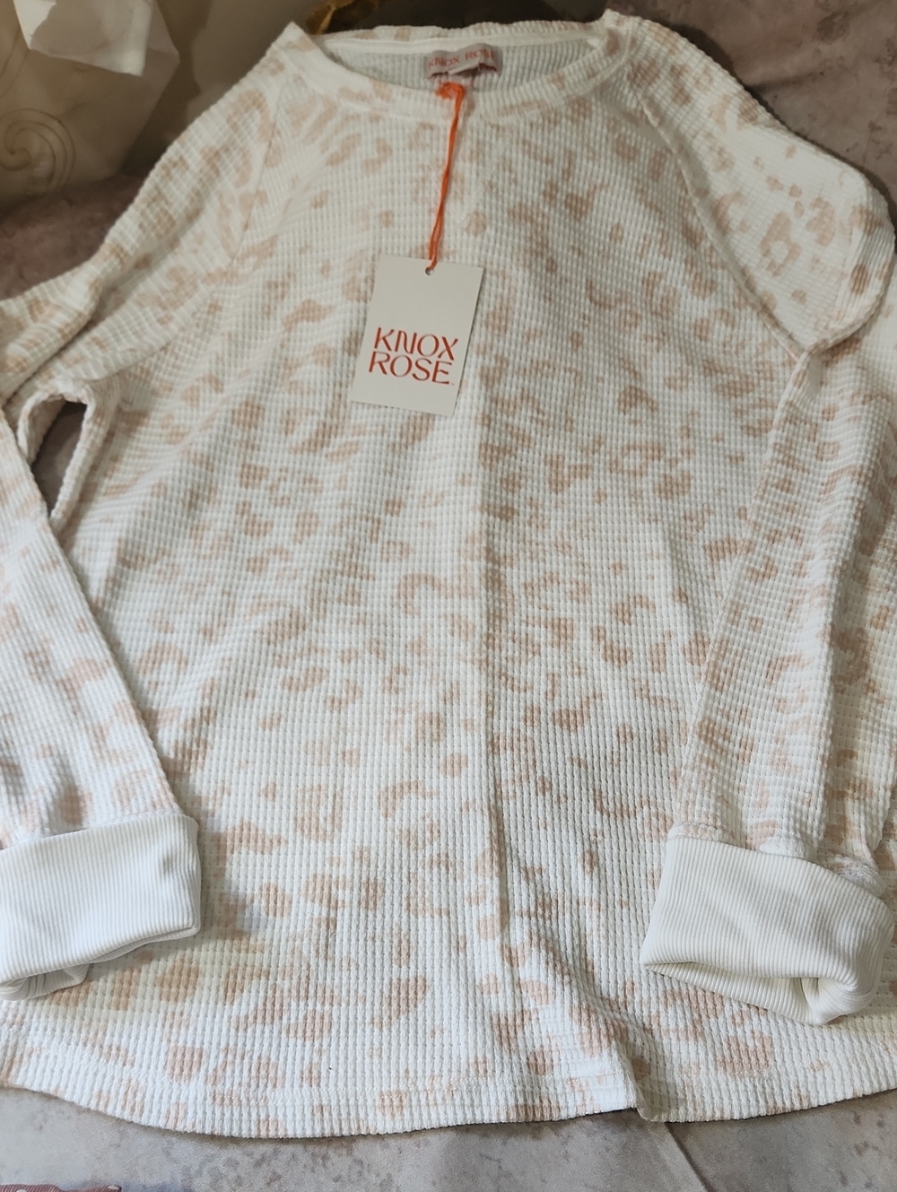 Knox Rose Cream Waffle Knit Crewneck with Soft Beige Spot Print